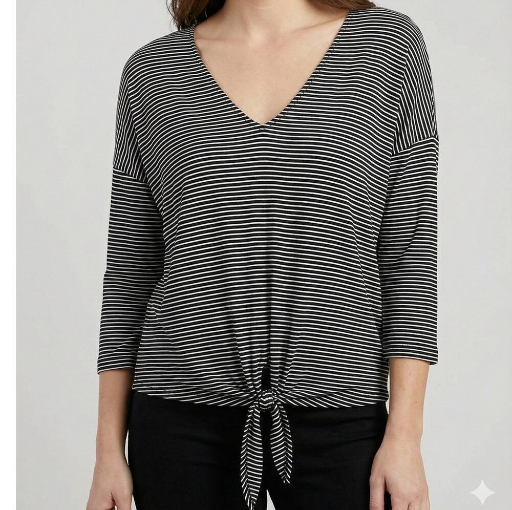 Bordeaux Womens XS Black White Striped Top V Neck Tie Waist Rayon Spandex